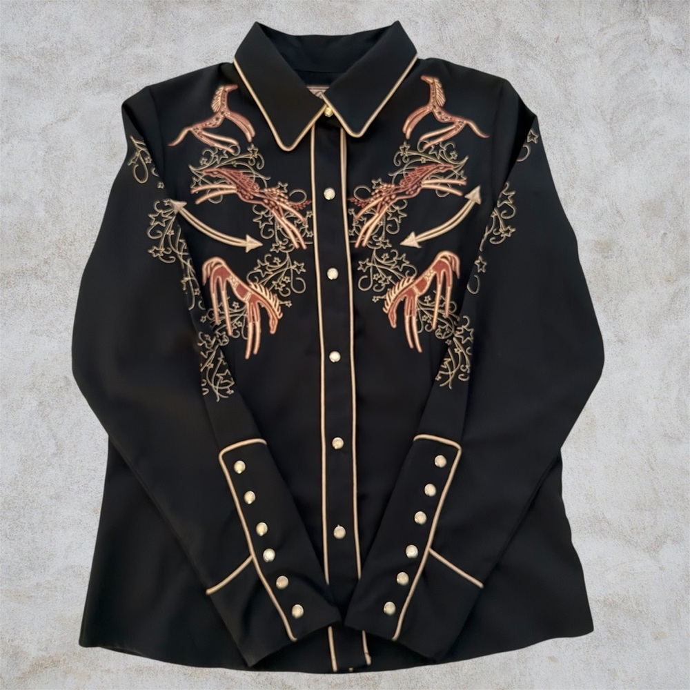 SCULLY Black Embroidered Horses Long Sleeve Western Shirt ~ Women’s Small - Picture 8 of 13